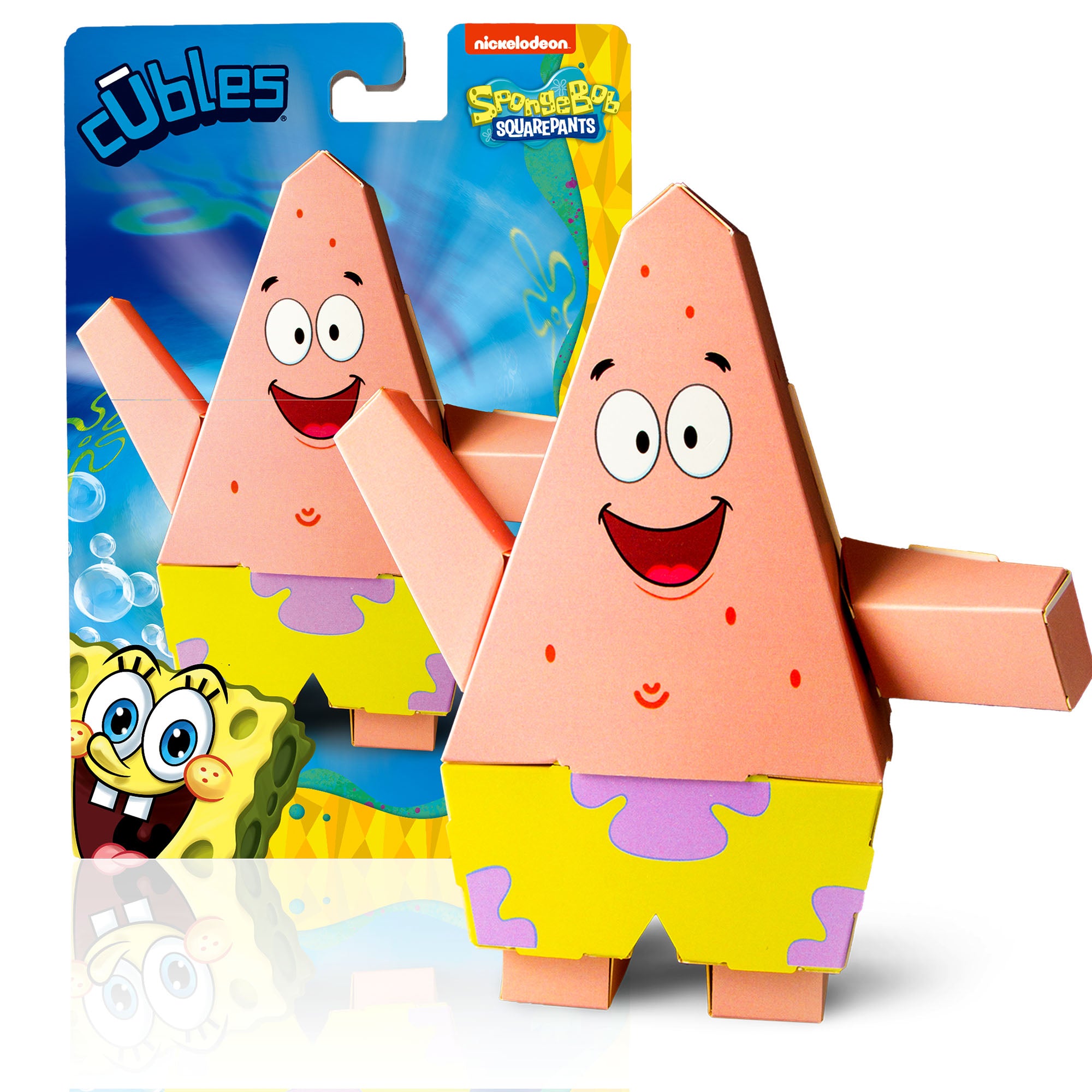 Two CUBLES Patrick Star paper craft kits, assembled and posed, in front of their Spongebob Squarepants packaging.