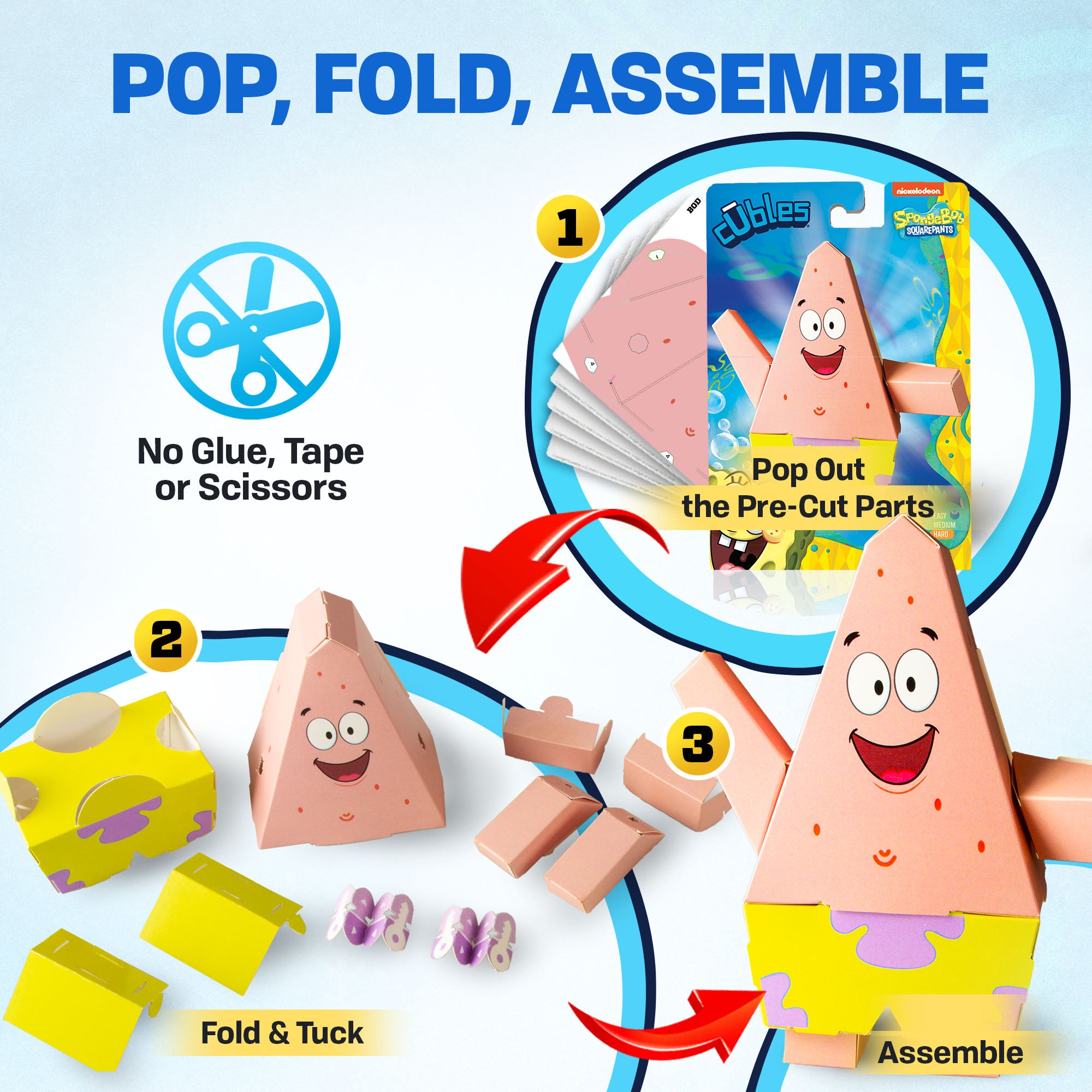 CUBLES Patrick Star paper craft kit assembly steps: pop out pre-cut parts, fold, tuck, and assemble. No glue needed.