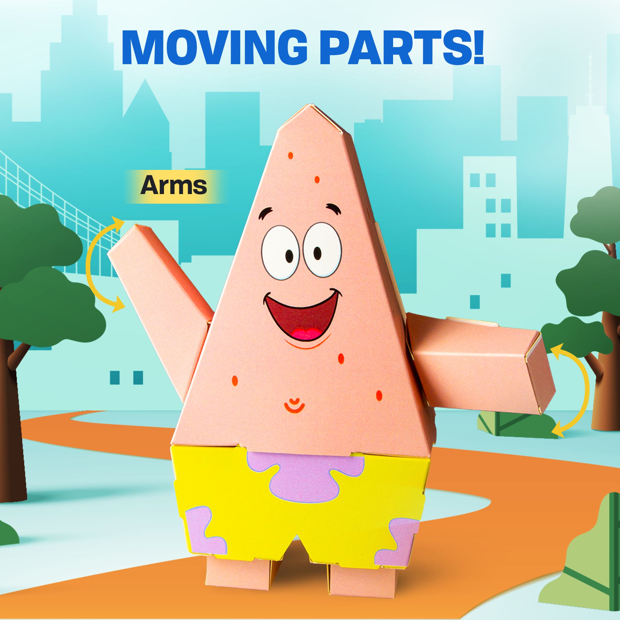 CUBLES Patrick Star paper craft kit with poseable arms for dynamic play, set against a vibrant cityscape.