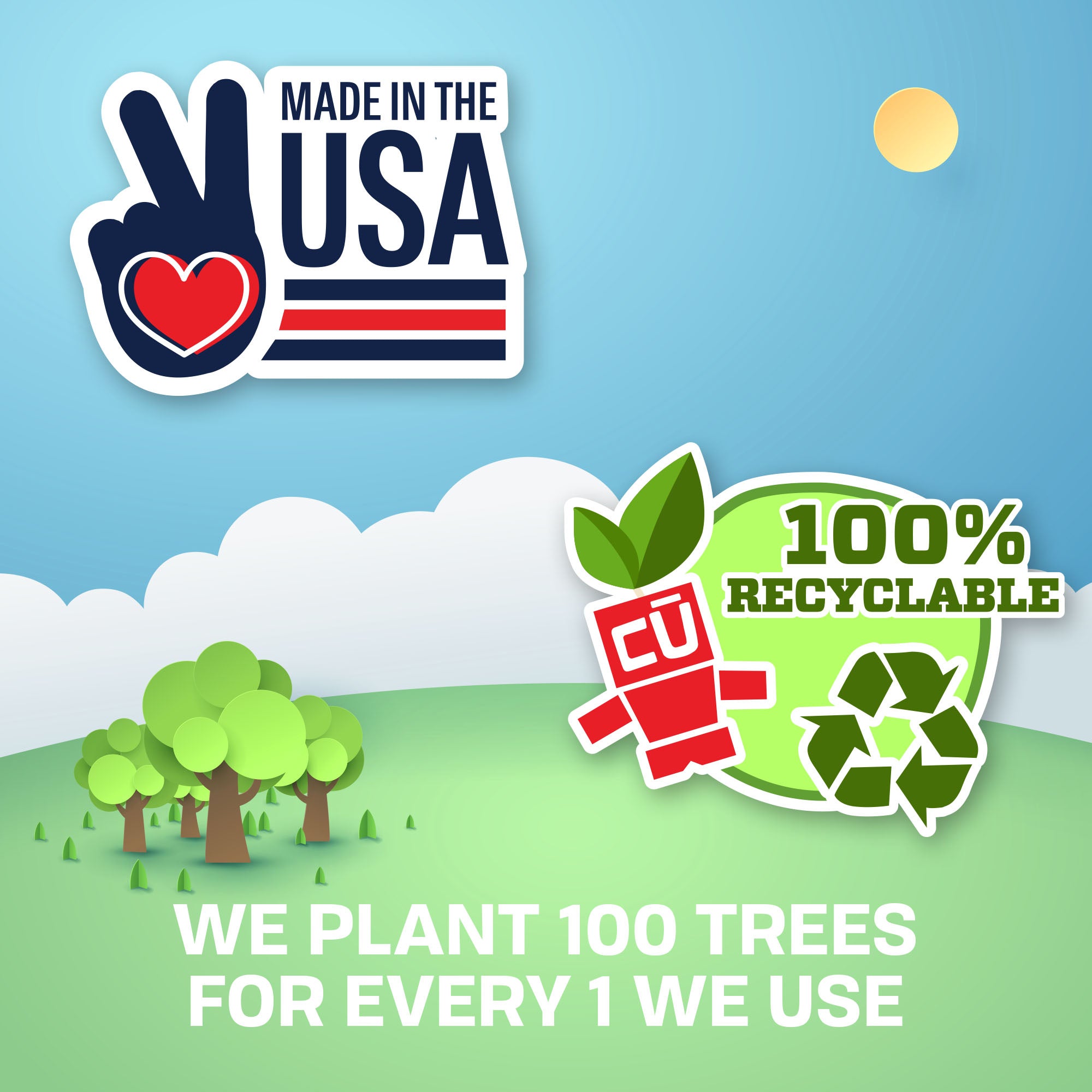 CUBLES paper craft kit benefits: Made in USA, 100% recyclable, and 100 trees planted for every 1 used.