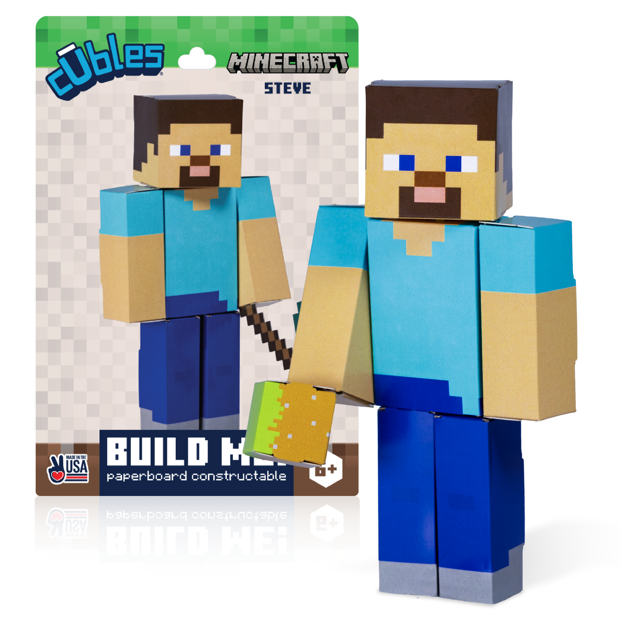 CUBLES Minecraft Steve product packaging showing flat-pack design
