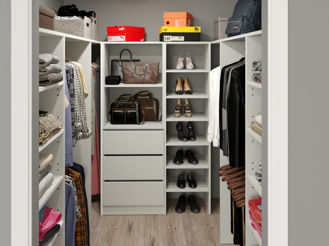 Walk-in Robes Kew Design - U-shaped walk-in wardrobe with multiple storage options