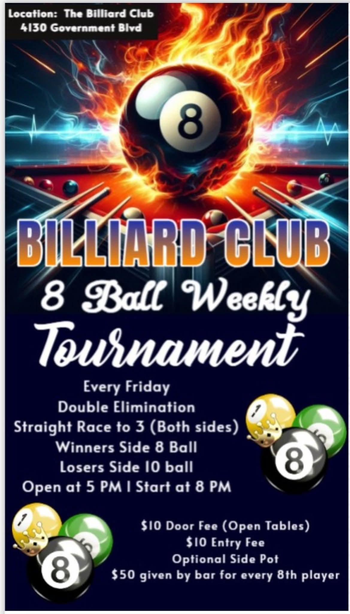 Click to enlarge 8ball Race to 3 On Winner Side And 10-Ball race to 3 On loser side flyer