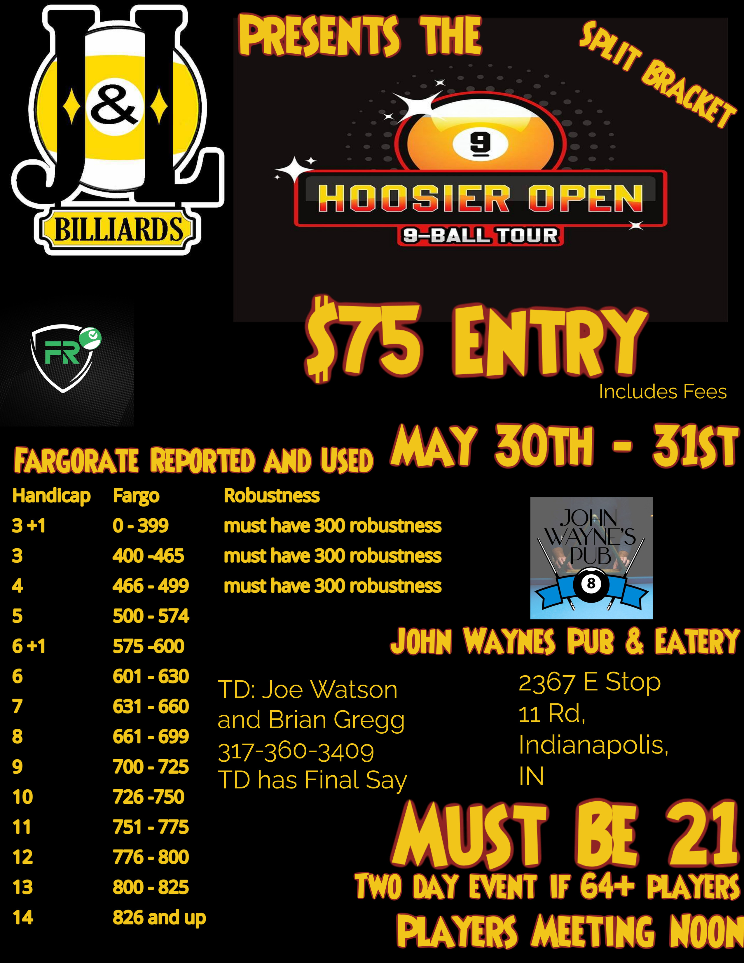 Hoosier Open 9-Ball Tour Stop 8 John Wayne's Pub & Eatery flyer