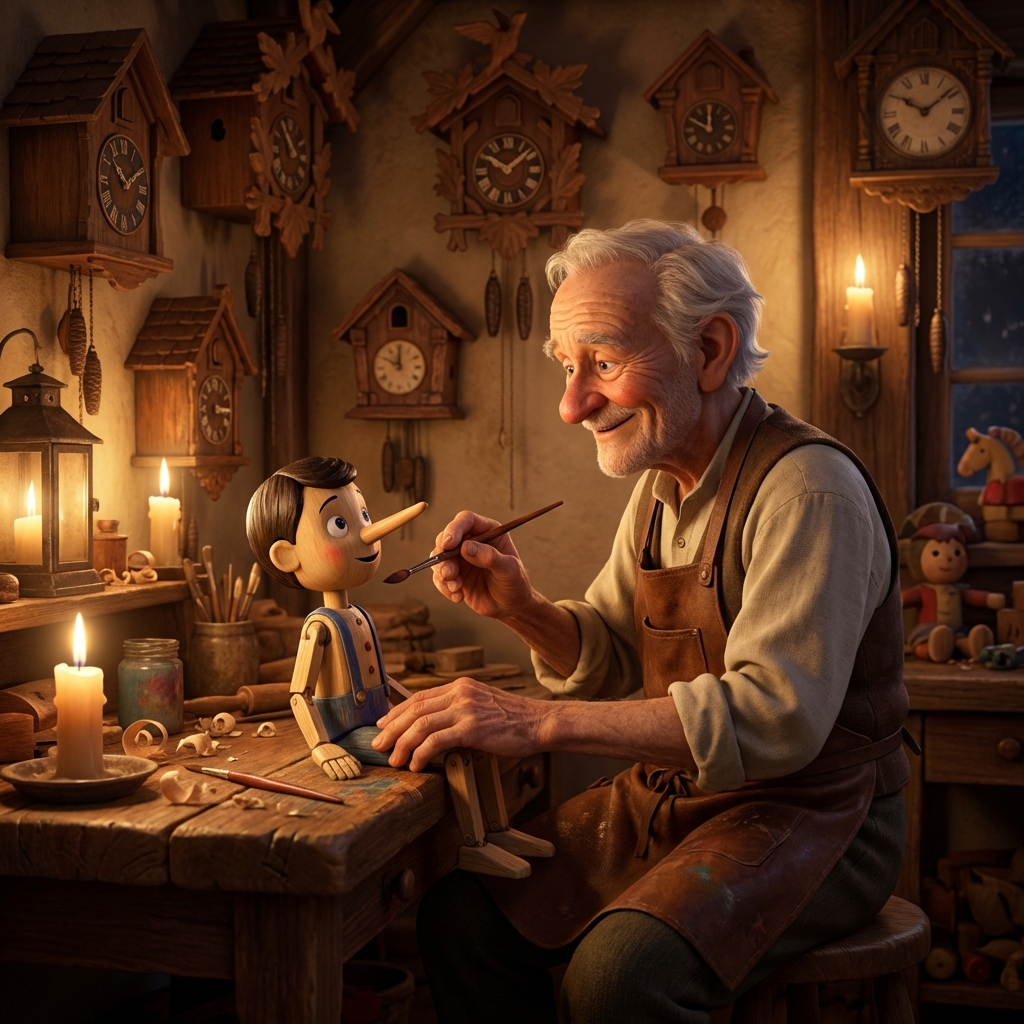 Pinocchio: The Echo of a Wooden Heart - Scene 1: The workshop was a sanctuary of pine-scented air and ticking hearts. Geppetto,…