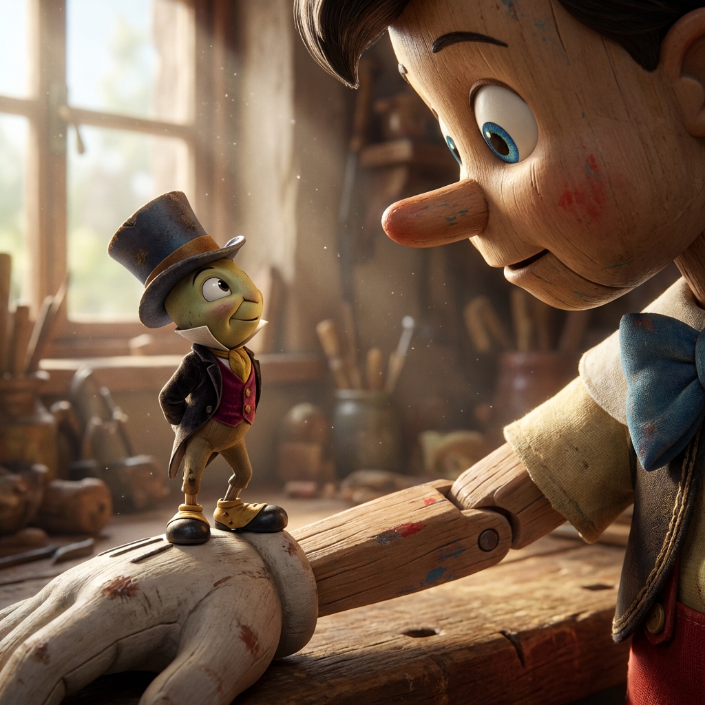 Pinocchio: The Echo of a Wooden Heart - Scene 3: From a miniature music box, a tiny cricket in a top hat…