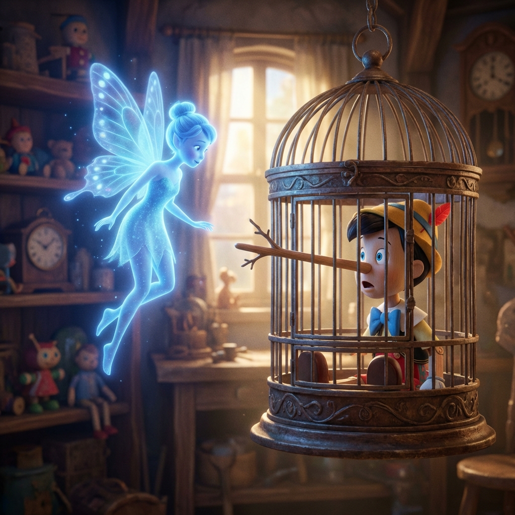 Pinocchio: The Echo of a Wooden Heart - Scene 6: The Blue Fairy appeared in the gloom of the cage, her eyes…
