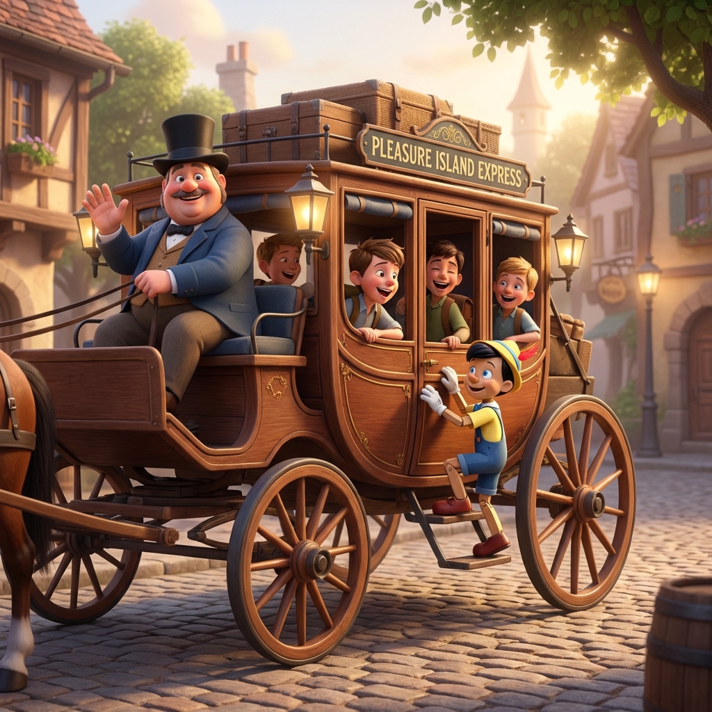 Pinocchio: The Echo of a Wooden Heart - Scene 7: A large coach arrived to take boys to a fun land. The…