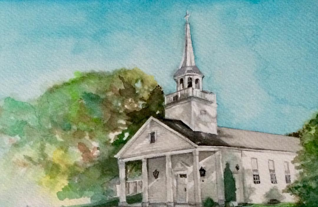 Country Church With Steeple, Watercolor, 6x8