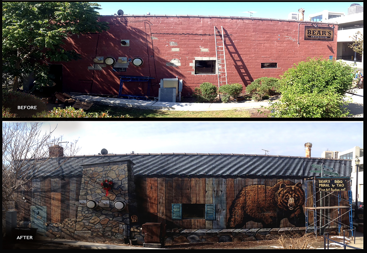 Bear's Smokehouse BBQ mural, Hartford, CT. Before/After