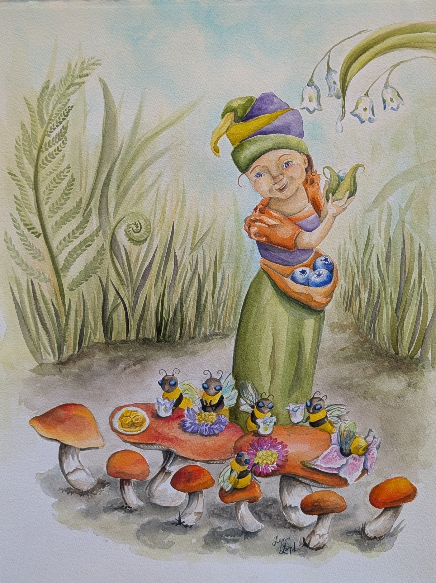 Lily And The Bees  Dew Tea   22x24 Watercolor  Lynn Laird