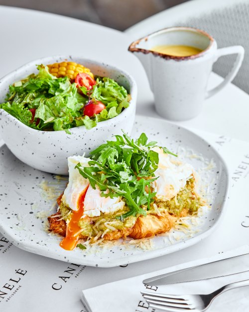 Flat Croissant With Poached Eggs