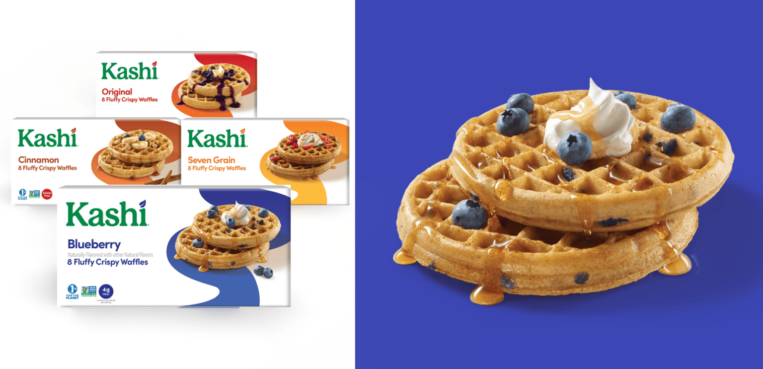 split image on left is 4 boxes of kashi waffles, on right is an image of 2 waffles with butter, syrup and blueberries - blue background