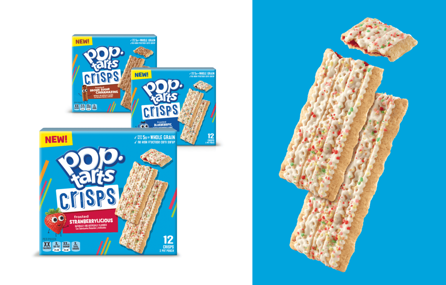 Boxes of pop tart crisps and product out of package on blue background