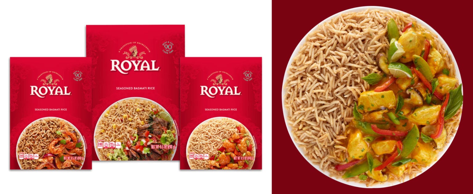 royal rice packages and photo of cooked rice in bowl with vegetables