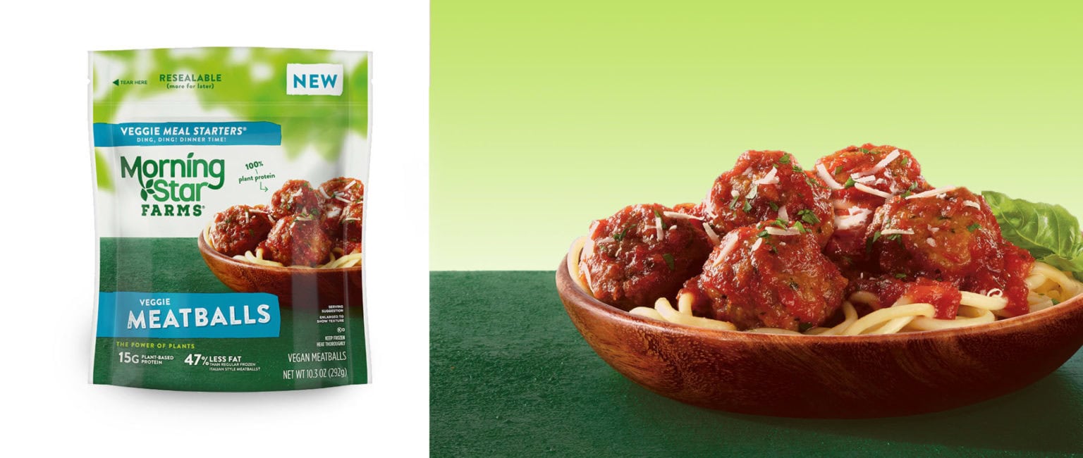 photo of package of frozen meatballs, and photo of cooked meatballs on plate with pasta