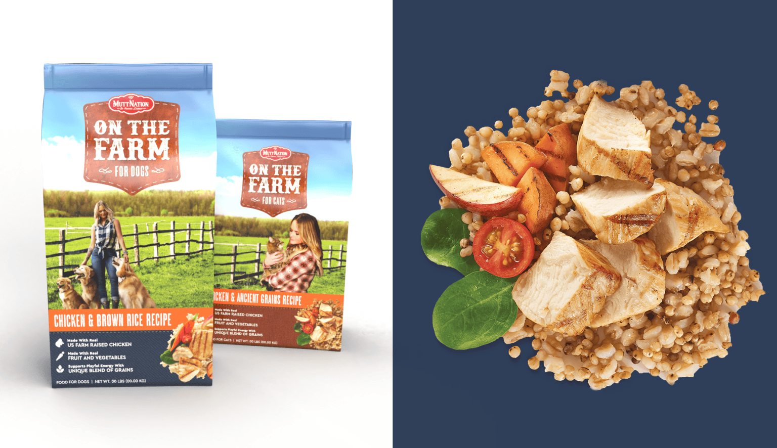 photo of on the farm packaged dog food and then a picture of the ingredients (chicken, lettuce, grains, tomato) on blue backdrop