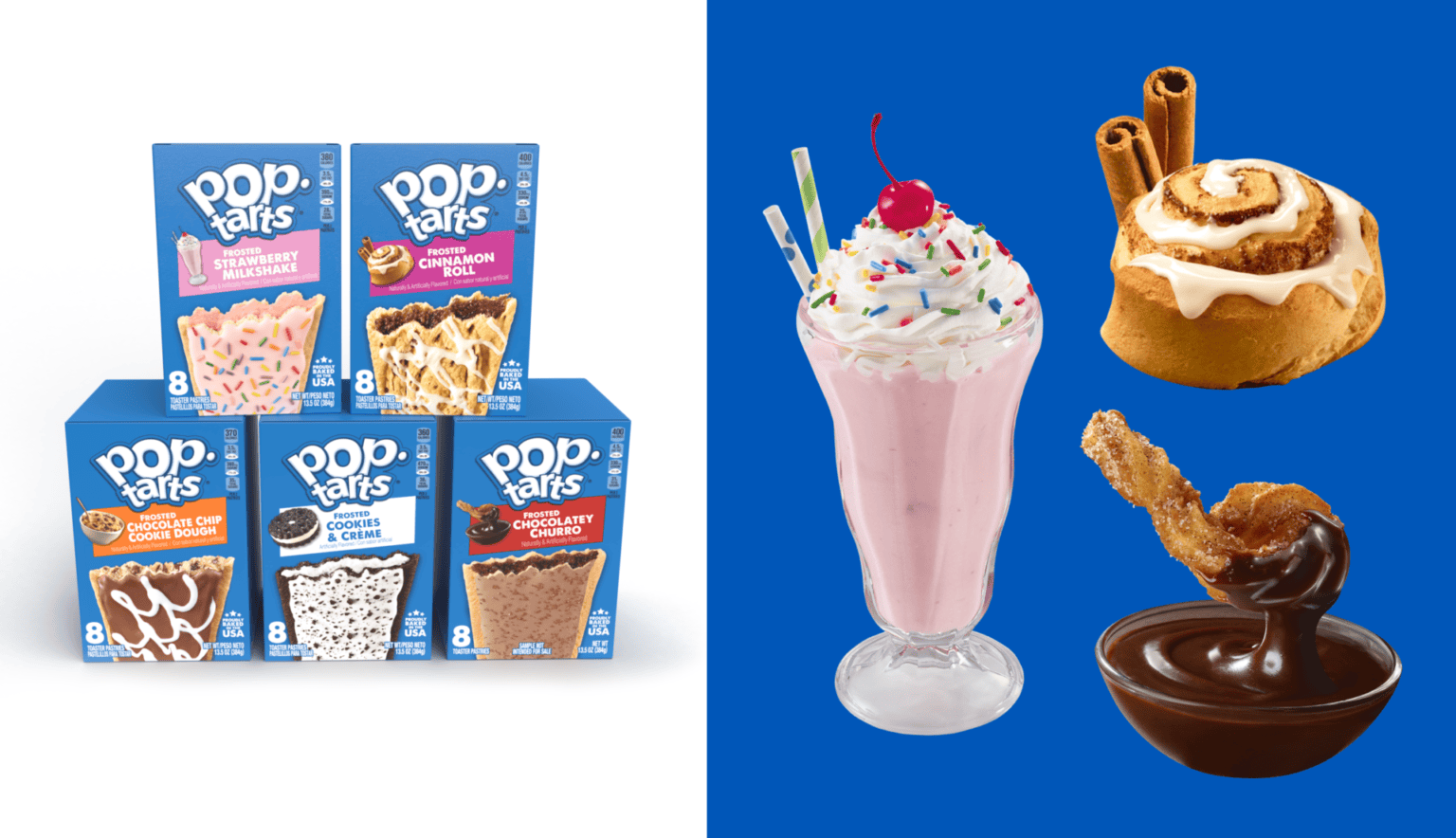 2 photos on left are 5 boxes of pop-tarts in various flavors - on right is a photo of a strawberry milk shake, churro being dipped in chocolate and cinnamon role with blue background