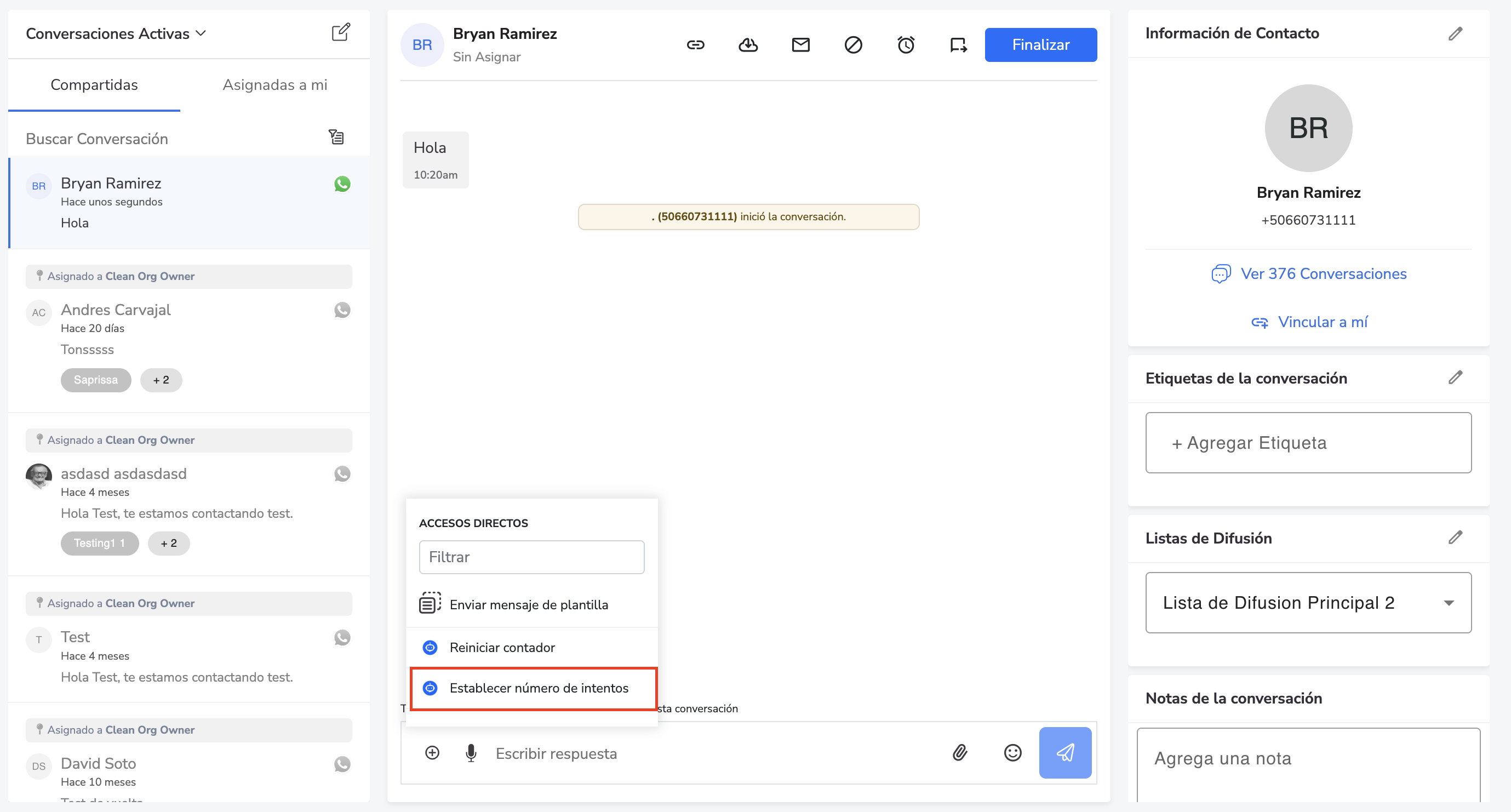Panel de accesos directos con prompt callback