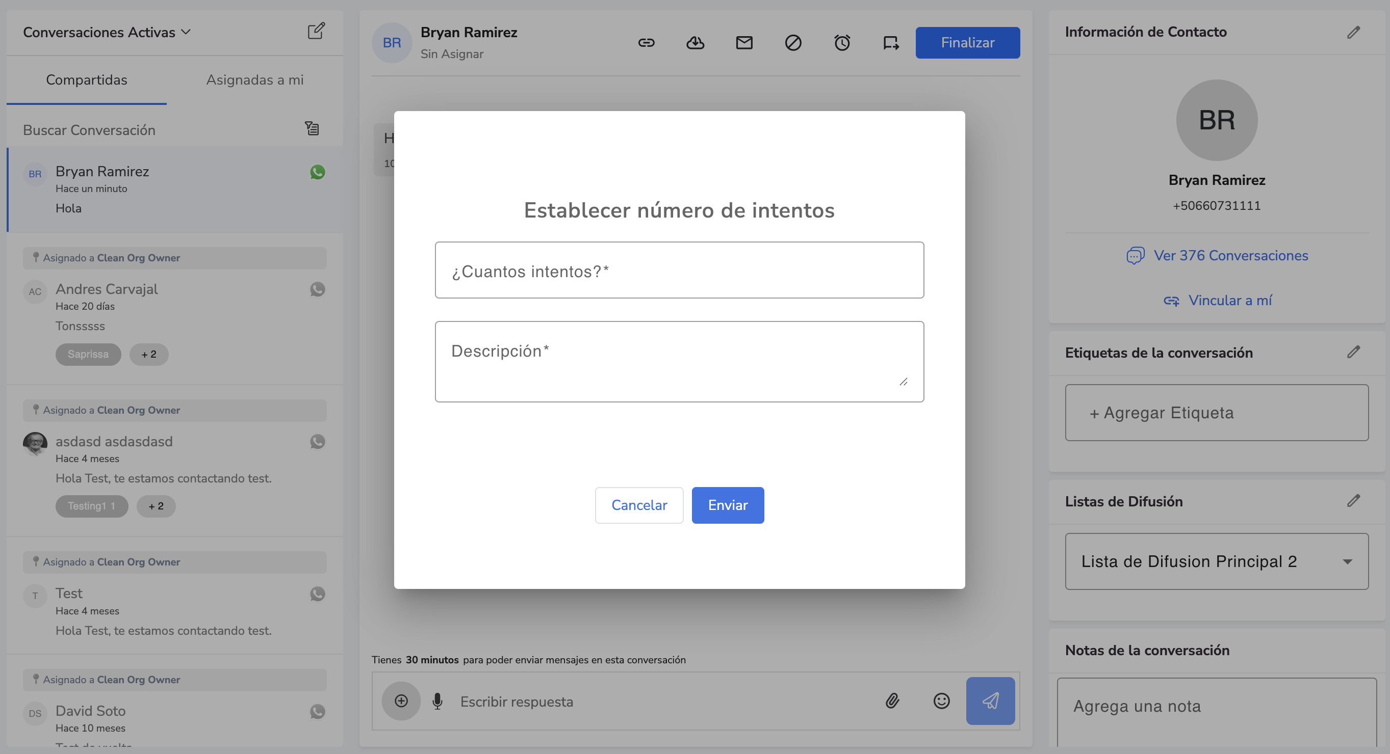 Formulario modal del prompt callback
