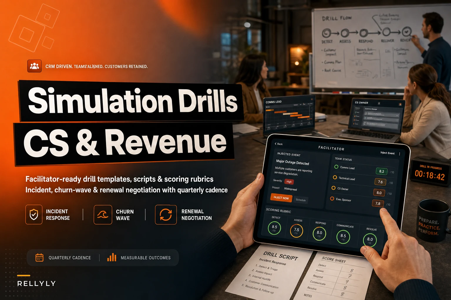 Simulation drills for CS and revenue teams covering incident, churn and renewal