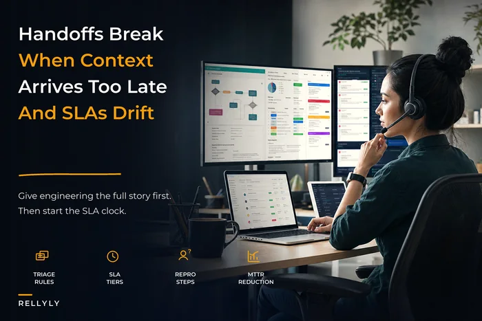 Support-to-engineering handoff playbook: triage SLAs, context packets and automation recipes to cut MTTR