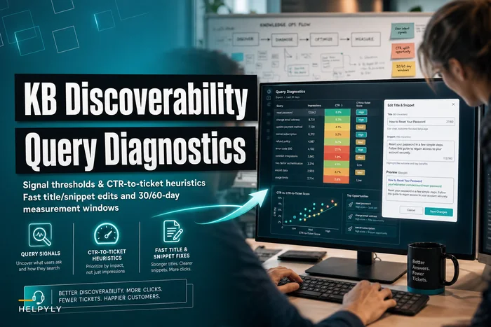 Diagnose KB discoverability: query signals, CTR-to-ticket heuristics and fast title/snippet fixes
