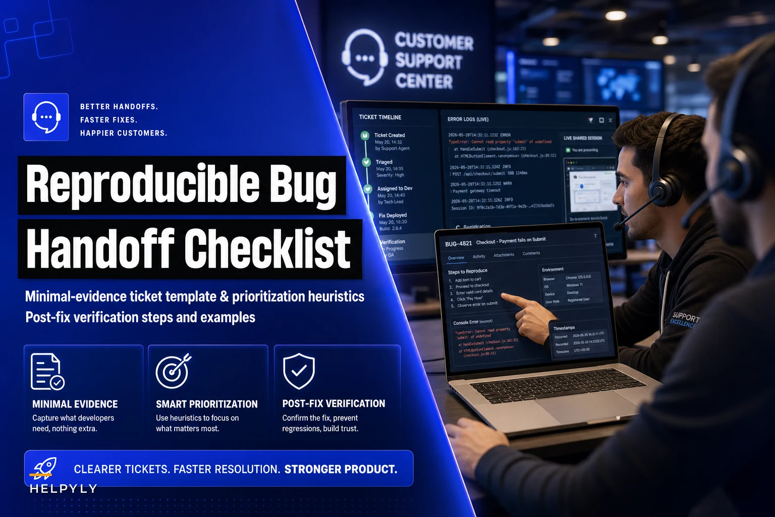 Reproducible-bug handoff checklist: minimal evidence template, prioritization heuristics and post-fix verification for support