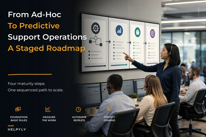 Support operational maturity model: a staged roadmap (ad‑hoc → measured → automated → predictive) with sequencing, budgets and playbook next steps