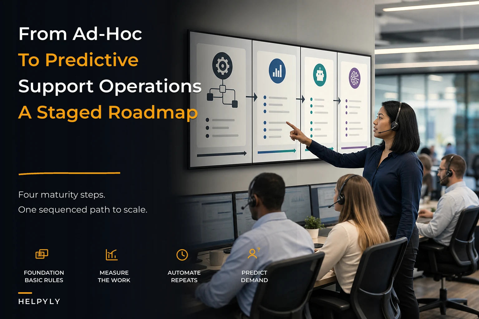 Support operational maturity model: a staged roadmap (ad‑hoc → measured → automated → predictive) with sequencing, budgets and playbook next steps