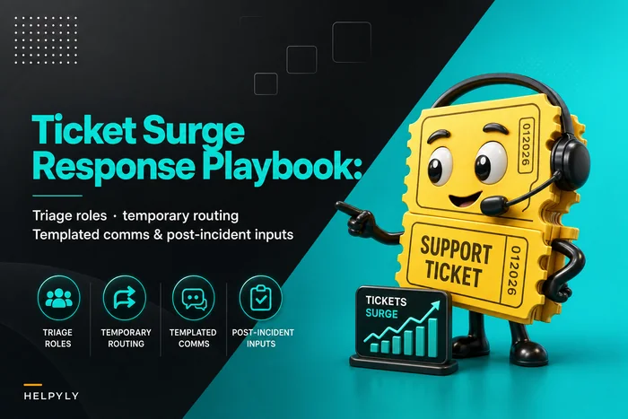 Ticket surge response playbook for incidents: triage roles, temporary routing and templated customer comms