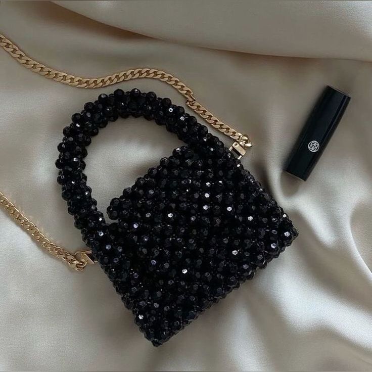 Elegant Black Beaded Bag with Gold Strap