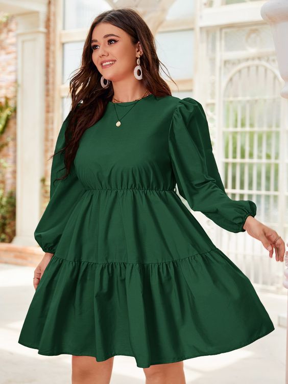 Plus Solid Lantern Sleeve Ruffle Hem 