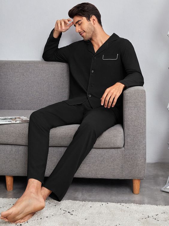 Men Contrast Piping Shirt & Pants PJ Set