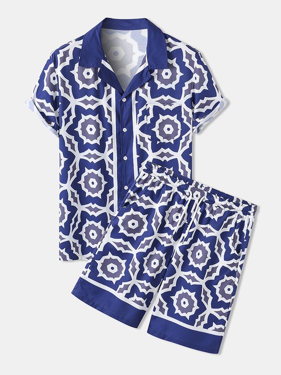 Mens Blue Baroque Print & Drawstring Waist Shorts Without Tee