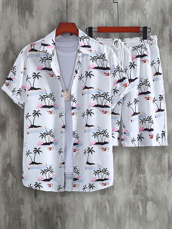 Men Random Palm Tree Print Shirt & Drawstring Waist Shorts 