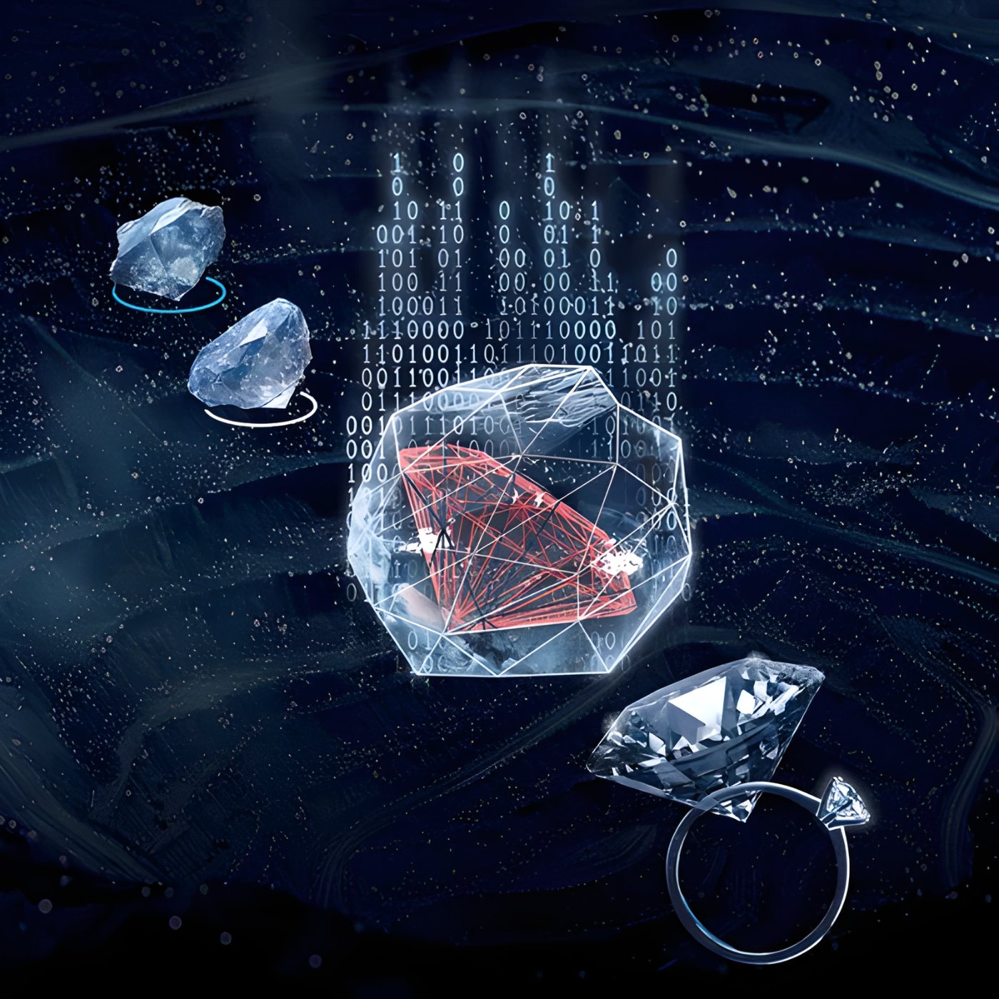 A 3D digital rendering of a diamond on a computer screen.