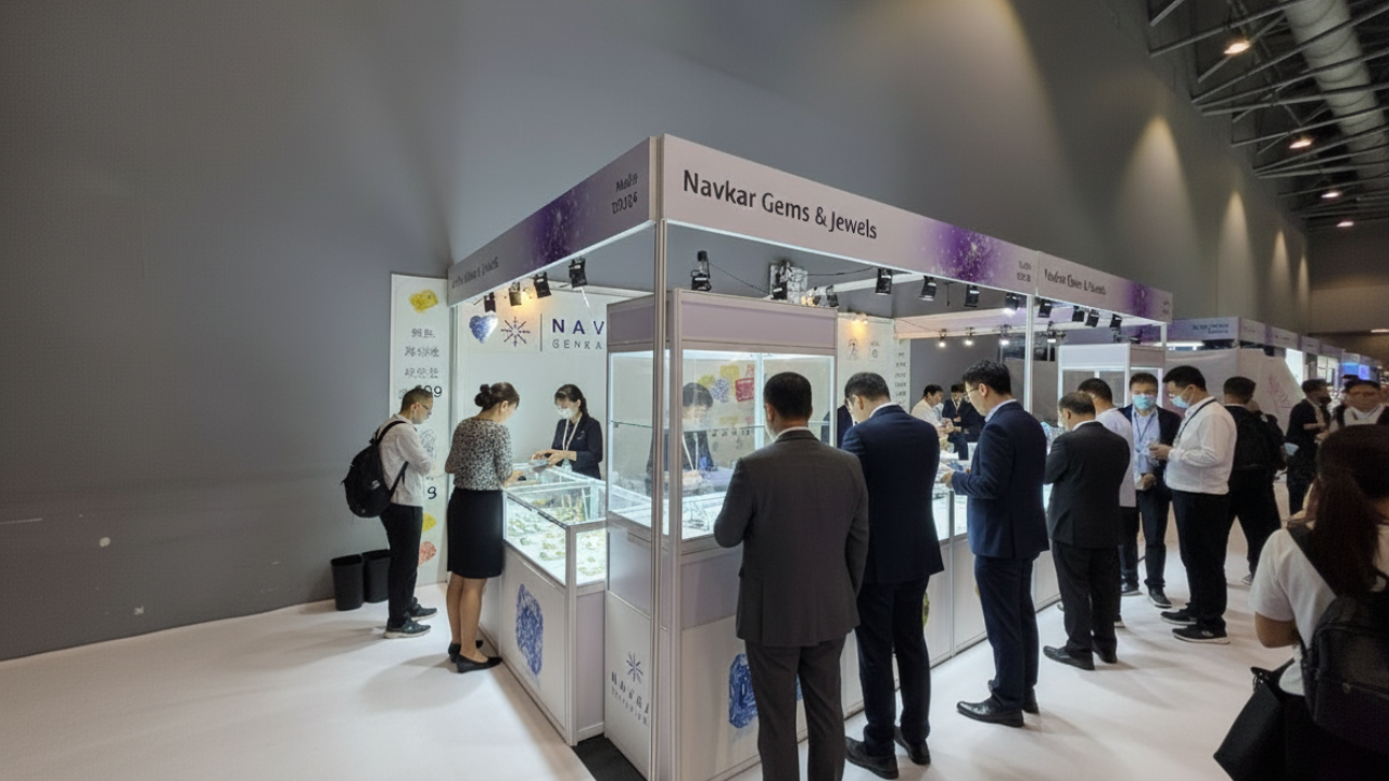 A busy, modern trade show booth with clients.