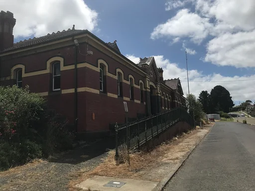 Korumburra railway station exterior, photographed in December 2021. The surrounding precinct has since been redeveloped.