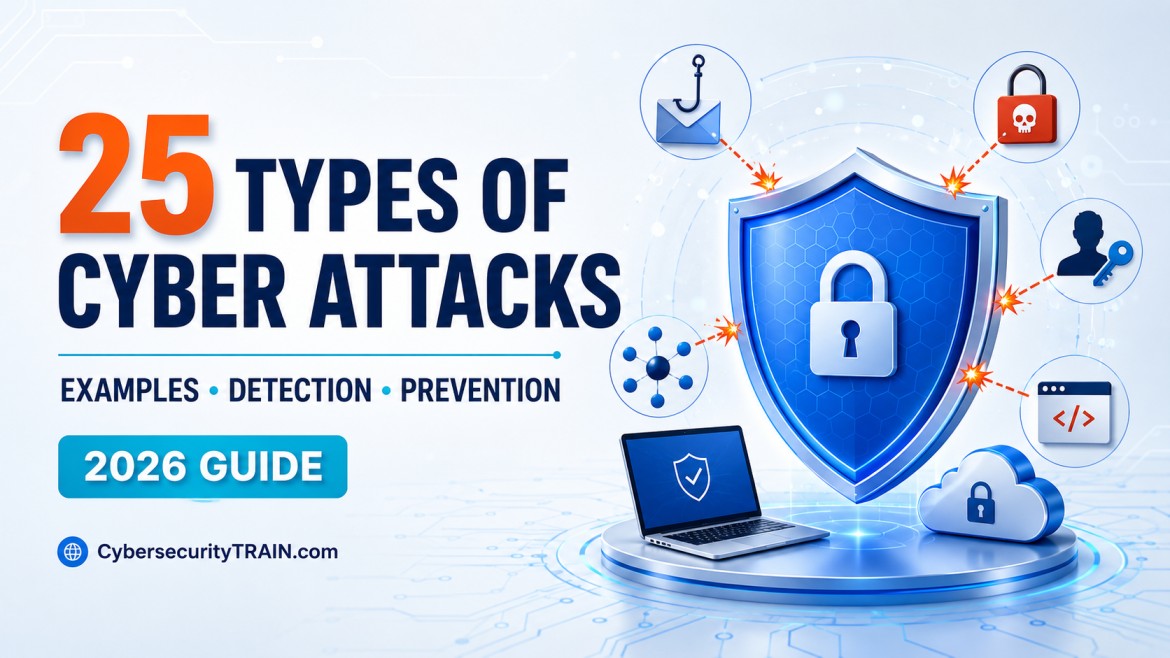 Illustration of 25 types of cyber attacks with examples, detection signals and prevention controls