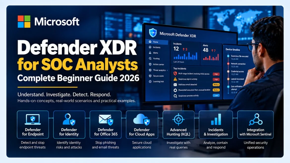 Microsoft Defender XDR for SOC analysts showing endpoint, identity, email, KQL threat hunting and incident investigation