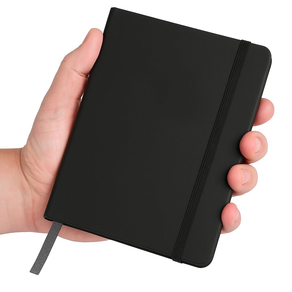 AccuPrints black A6 hard-bound pocket diary with elastic closure