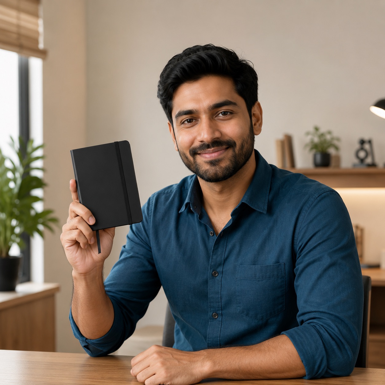 Man holding an AccuPrints black A6 hardcover pocket notebook