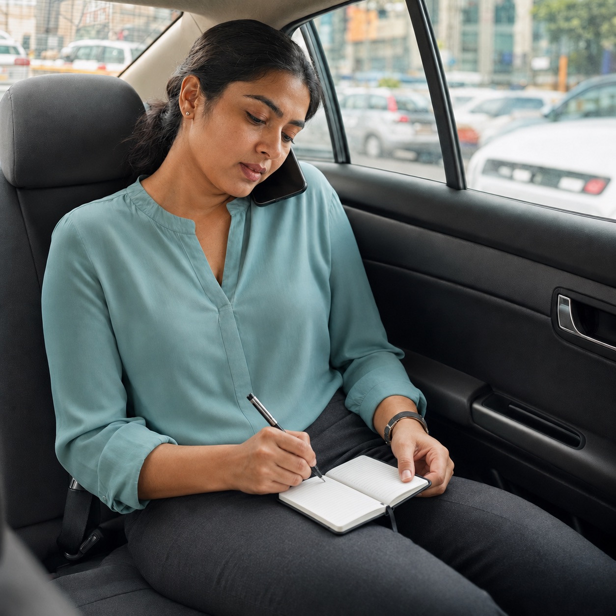 Woman writing in an AccuPrints A6 hardcover notebook while travelling