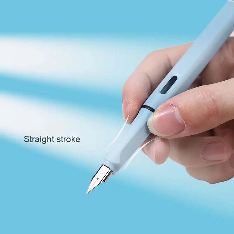 Close-up of a light blue fountain pen nib and writing grip