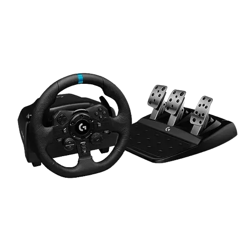 Logitech G923 Racing Wheel and Pedals, TRUEFORCE Feedback, Responsive Driving Design, Dual Clutch Launch Control, Genuine Leather Steering Wheel Cover, for PS5, PS4, PC, Mac - Black Pre Owned