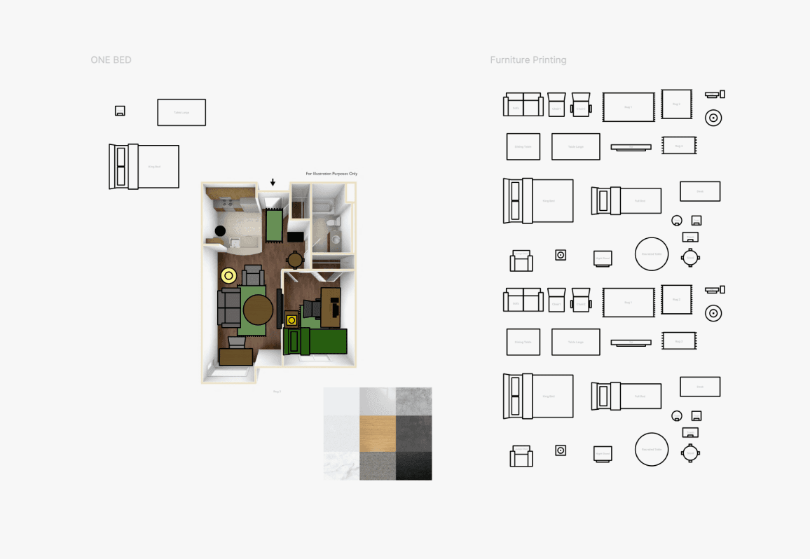 Floor-plan layout stimulus and furniture-symbol library used in the interviews