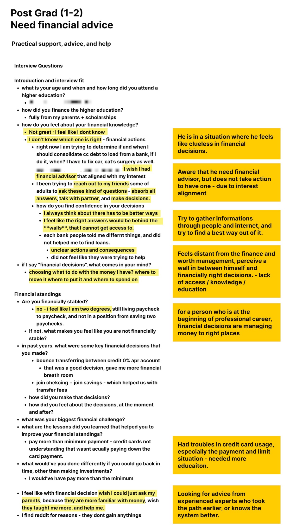 Part of the notes from Interviewee 02's interview, on feeling clueless about financial decisions and wishing for an advisor, with highlighted answers and the coded insights beside them
