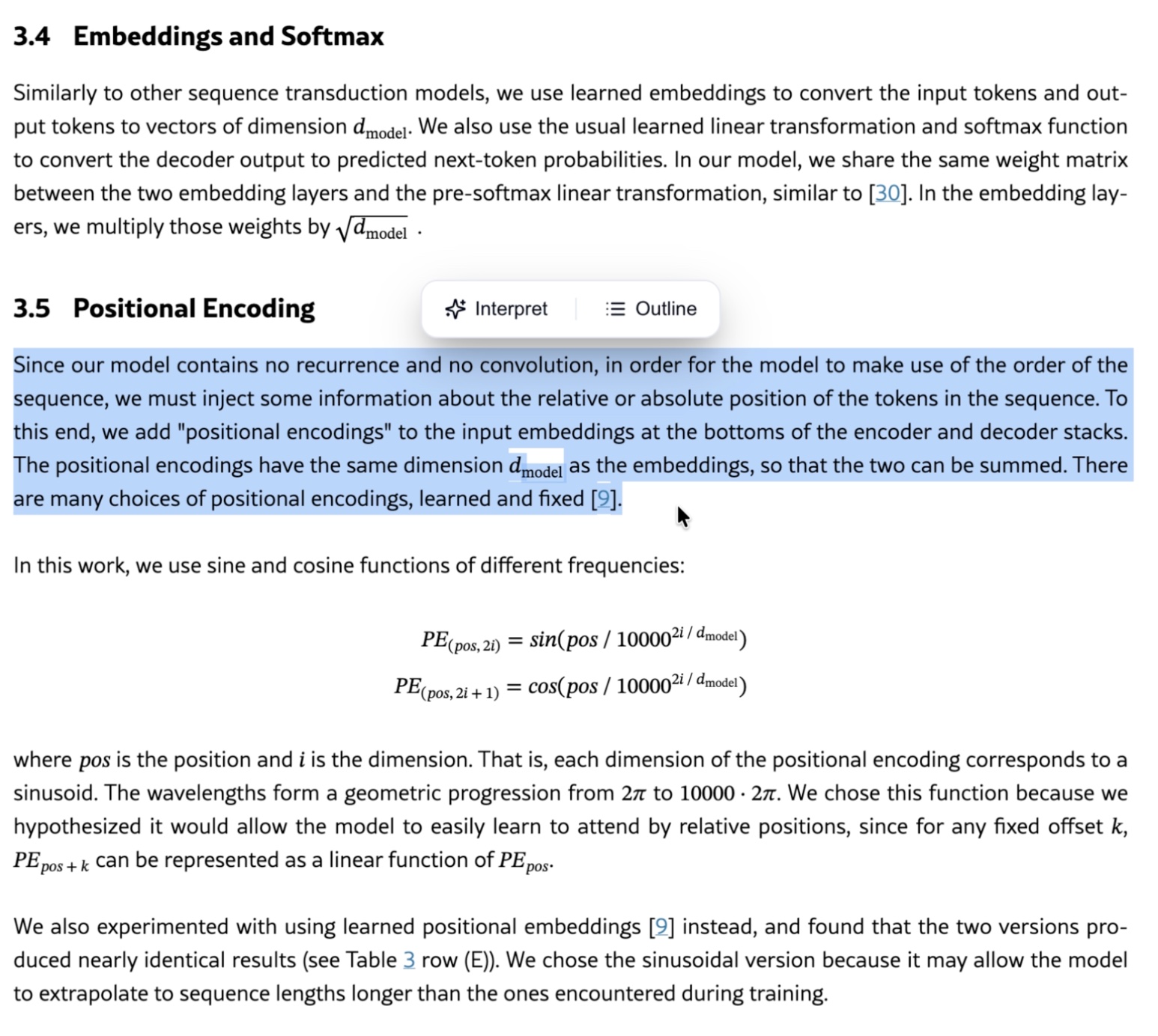 Sucholar's inline pill beside a highlighted passage in a research paper, offering Interpret and Outline actions