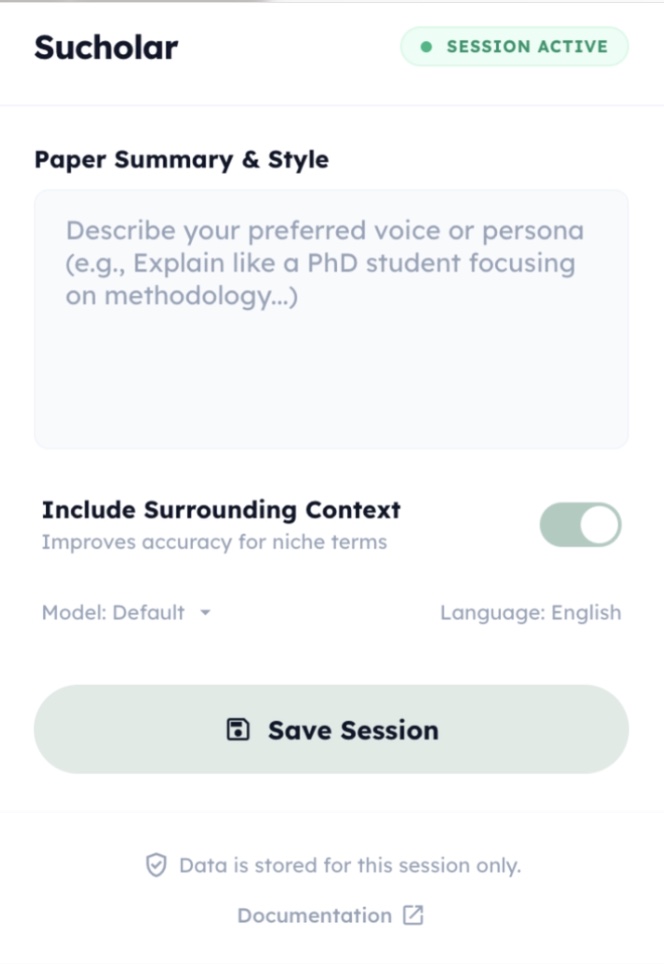 The Sucholar settings panel: describe an explanation style and toggle surrounding-context reading